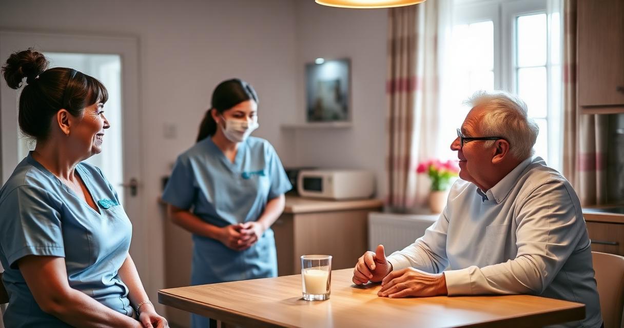 Pflegefachfrauen im Gespräch mit einem älteren Klienten zu Hause – Symbolbild private Spitex Zürcher Unterland